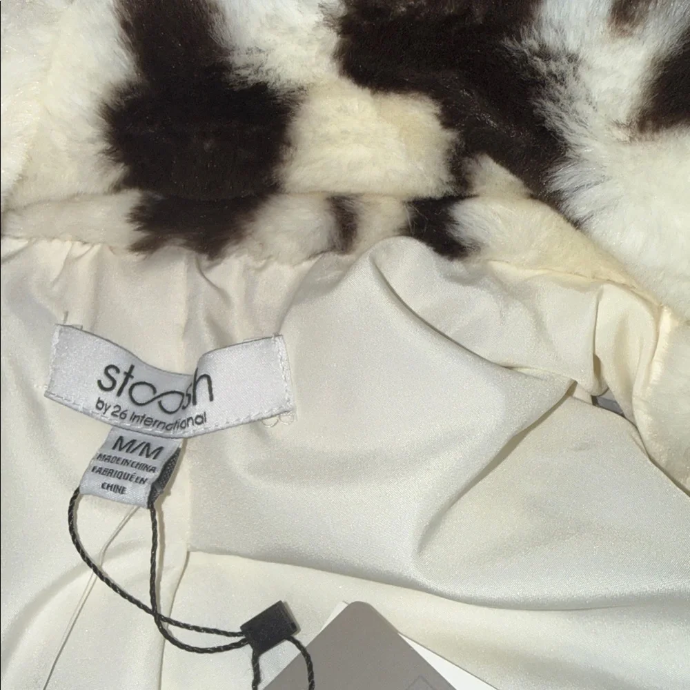 NWT Cow Print Faux Fur Coat Brown White Dalmatian Pattern Fluffy Winter Jacket